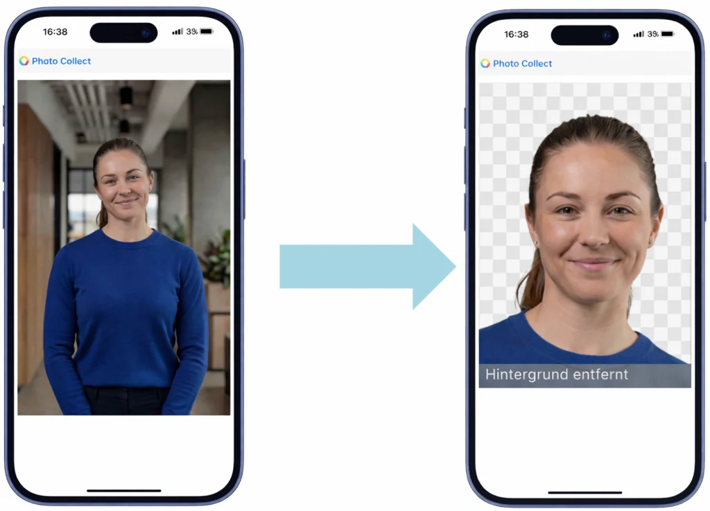 Two cell phones: On the left, a woman is seen in front of a background; on the right, AI-optimized passport photos. Two cell phones: On the left, a woman is seen in front of a background; on the right, AI-optimized passport photos.