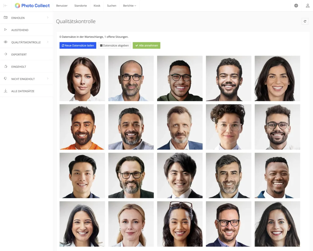 A grid with various passport photos on a website uses AI for quality control and data sovereignty. A grid with various passport photos on a website uses AI for quality control and data sovereignty.