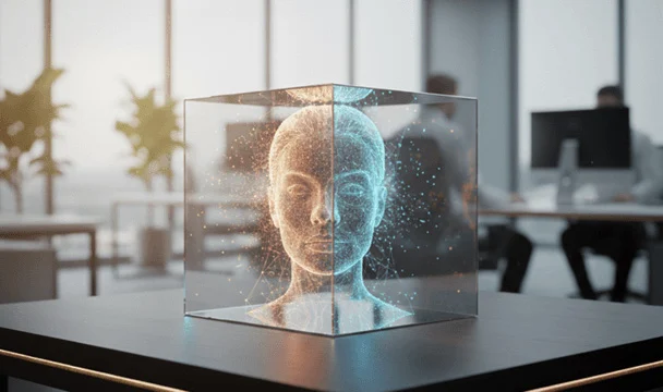 A glowing digital AI human head in a glass cube on a desk in a modern office. A glowing digital AI human head in a glass cube on a desk in a modern office.