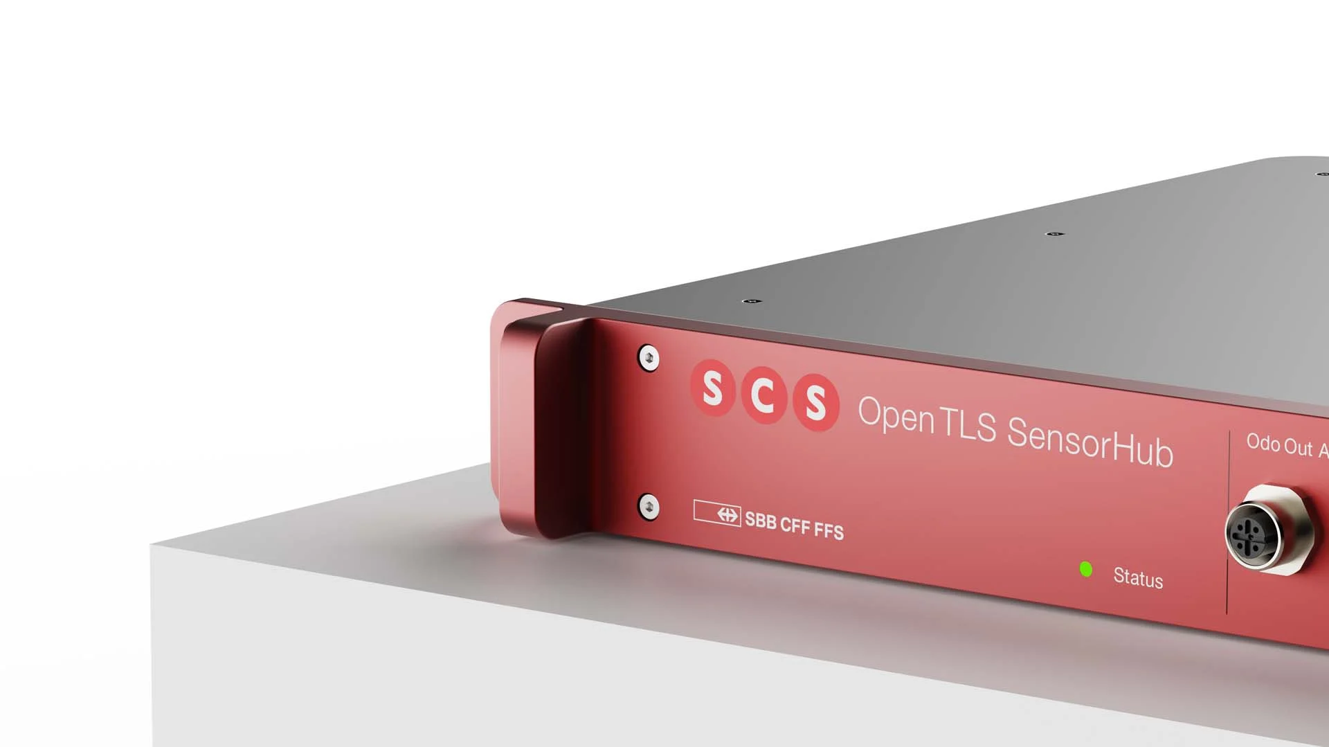 Rotes SensorHub-Gerät auf einer weißen Oberfläche, wobei OpenTLS, die Statusleuchten und der Anschluss sichtbar sind. Rotes SensorHub-Gerät auf einer weißen Oberfläche, wobei OpenTLS, die Statusleuchten und der Anschluss sichtbar sind.