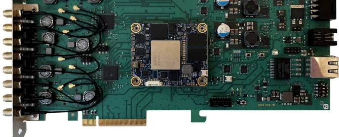 Green computer circuit board with chips, capacitors, and a high-availability PCIe connector on the edge.