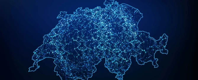 Outline of Switzerland with glowing blue network lines symbolizing digital resilience on a dark blue background.