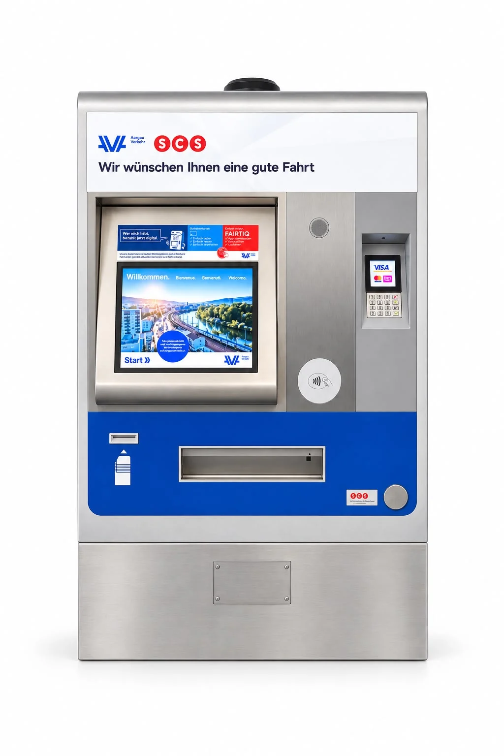 Fahrkartenautomat mit Bildschirm, Tasten, Kartenleser und deutschem Text über dem Display.