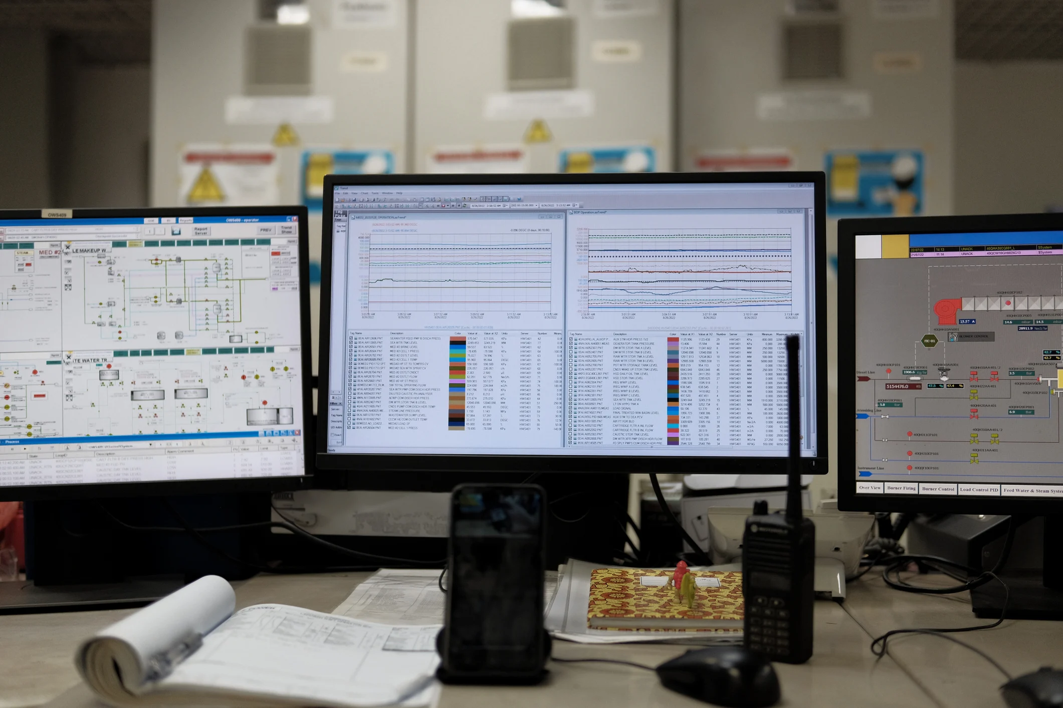 Drei Computermonitore zeigen in einem Kontrollraum technische Daten für sicherheitskritische Systeme an. Drei Computermonitore zeigen in einem Kontrollraum technische Daten für sicherheitskritische Systeme an.
