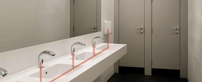 Modern public restroom with “Security Switzerland” certification, three sinks, two stalls, and a large mirror.